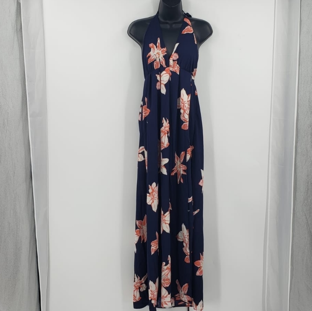 NOVASHE blue floral halter top wrap maxi dress